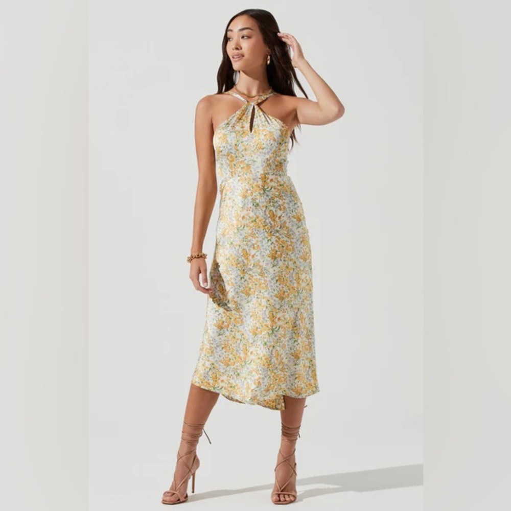 Astr Floral Halter Midi Dress in Yellow and White